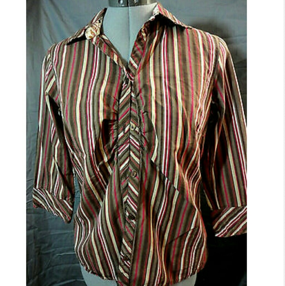 IB DIFFUSION Dress Shirt PS Brown Stripe 3/4 sleeve Collared top